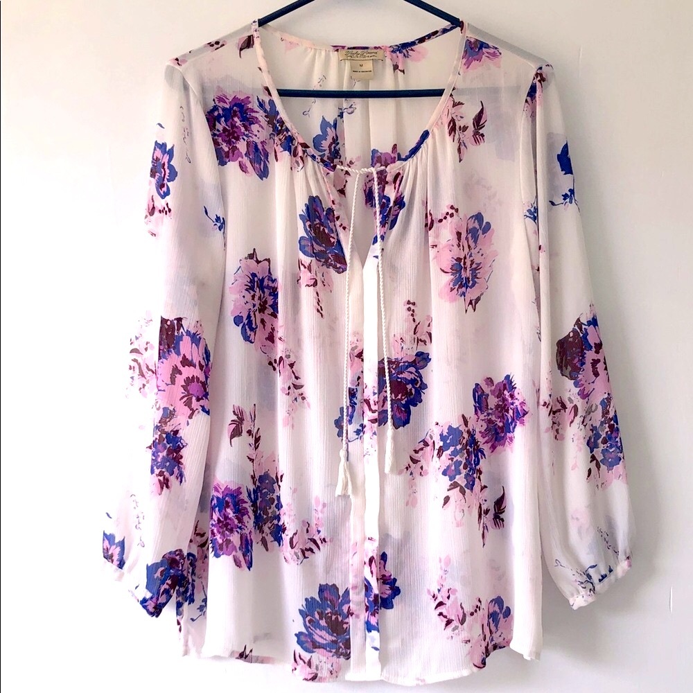 Lucky Brand White Sheer Floral Tie-Neck Blouse with Pink & Purple Flowers
